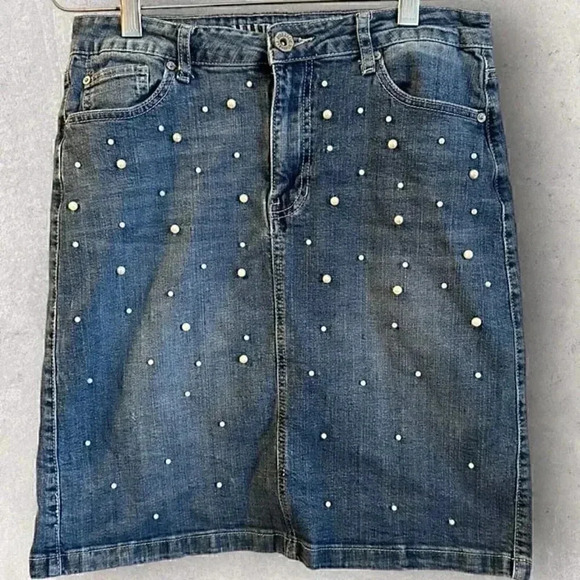 Hydraulic Jean skirt Tribeca mid rise womens denim skirt size 10 with pearls - Picture 5 of 12